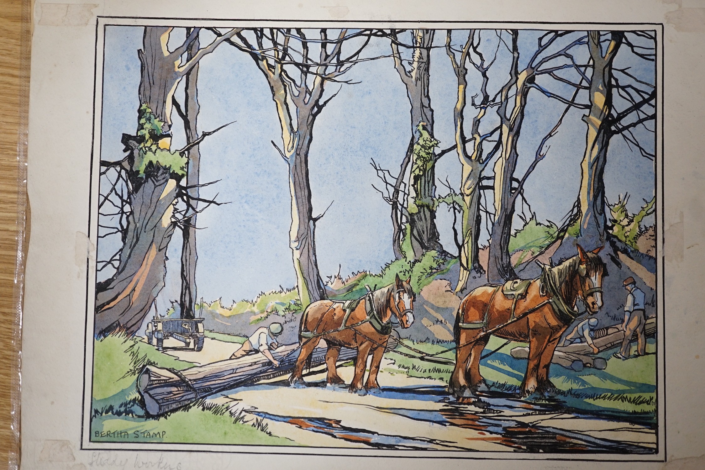 Bertha Stamp, four ink and watercolour postcard designs, vintage country scenes with working horses, signed, overall 29 x 39cm, unframed